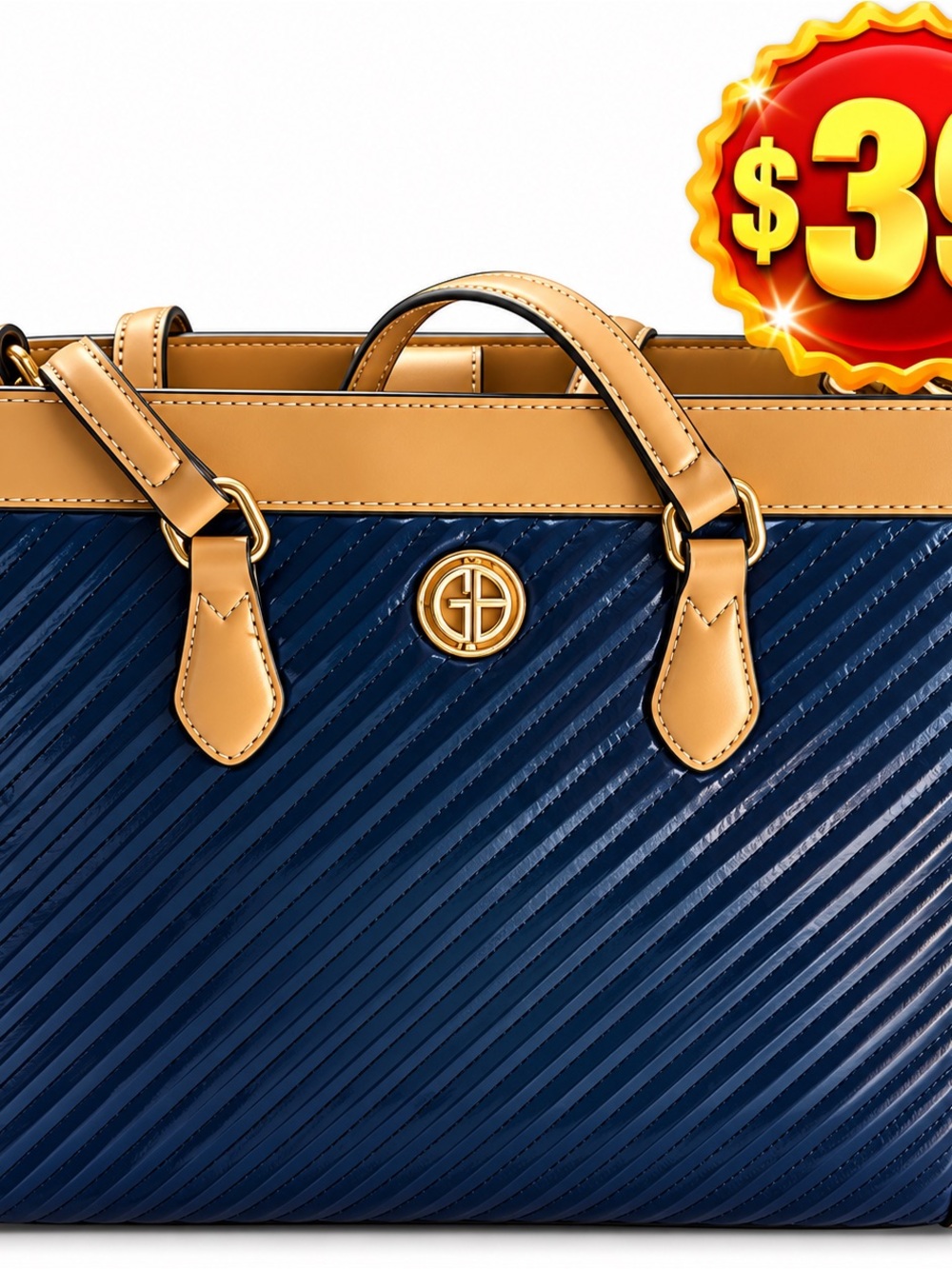 Leather-Trim Navy Tote Bag by (GB)